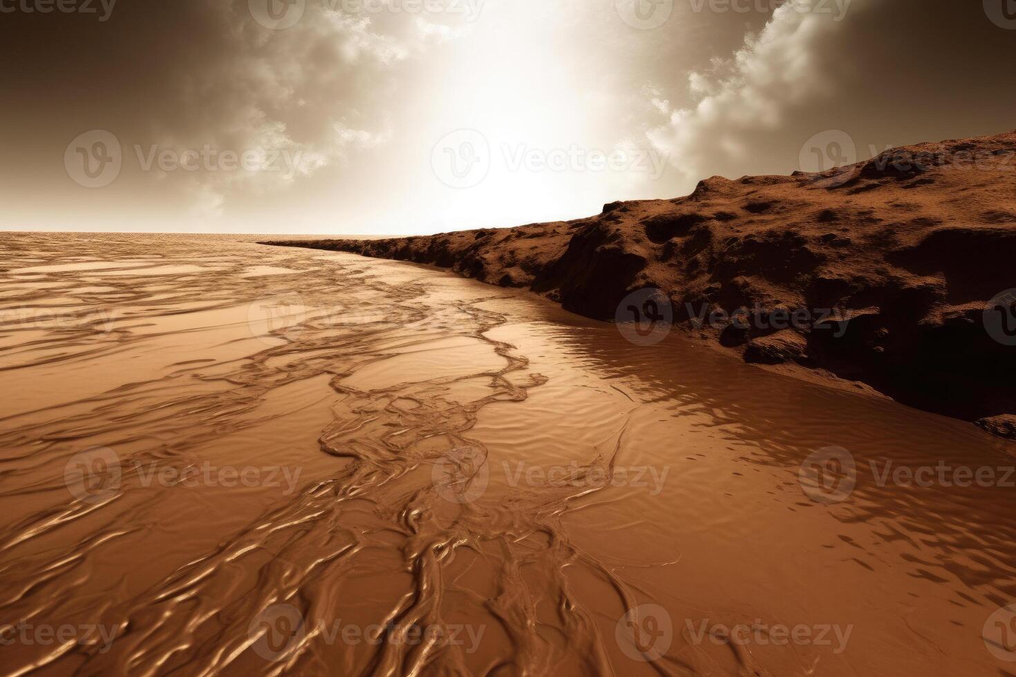 rojo planeta paisaje con agua en suelo. Marte colonización. generativo ai foto