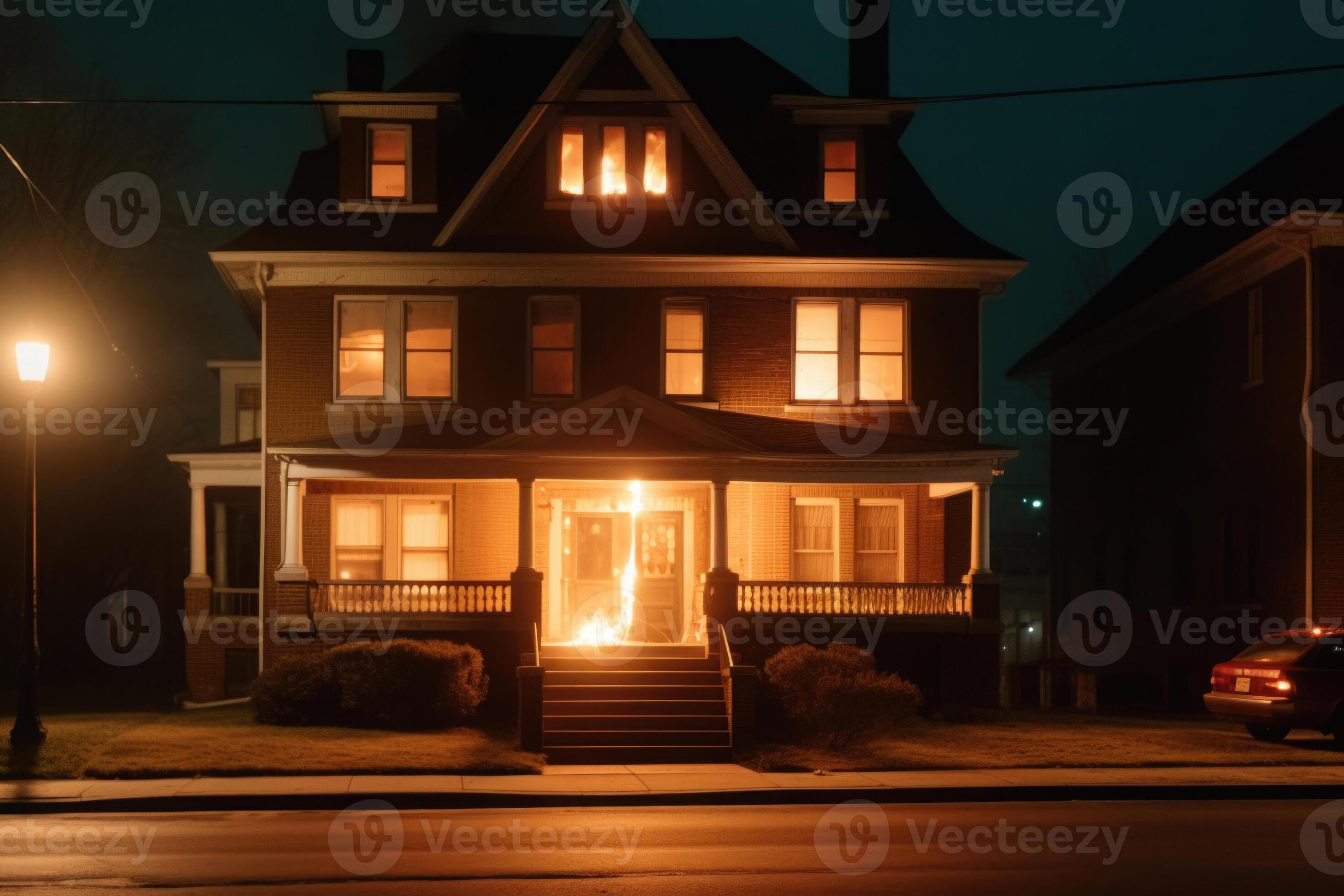 Burning House In The Night Residential House In Fire 23602139 Stock burning-house-in-the-night-residential-house-in-fire-23602139-stock