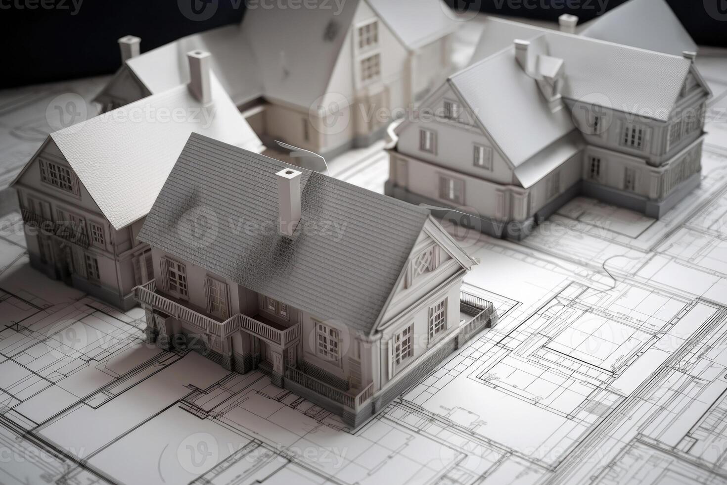Model of house building standing on architectural project. photo