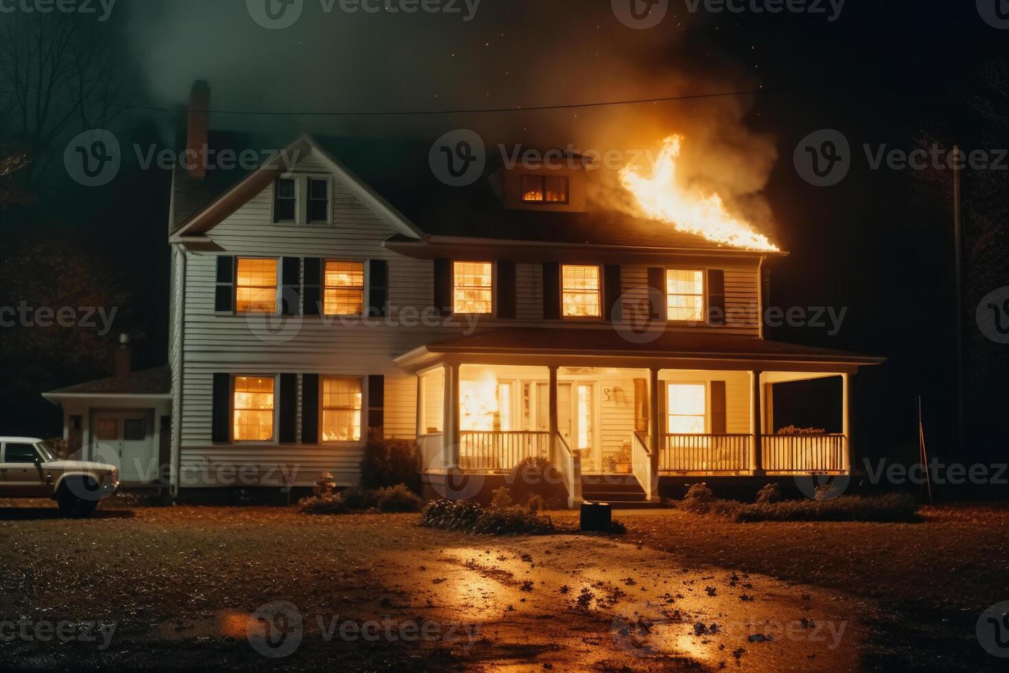 Burning house in the night. Residential house in fire. photo