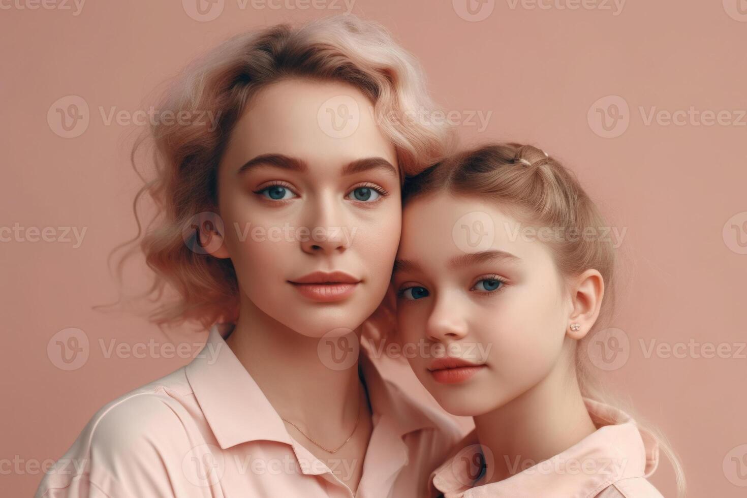 Mother and daughter portrait on pink background. photo