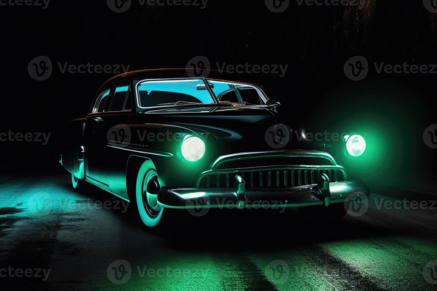 Illuminated retro classic car at night. photo