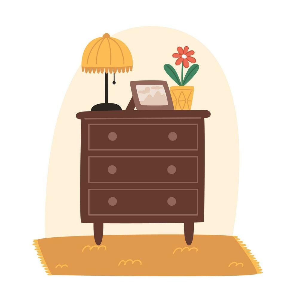 Cozy wooden chest of drawers with photo frame and table lamp in flat style vector