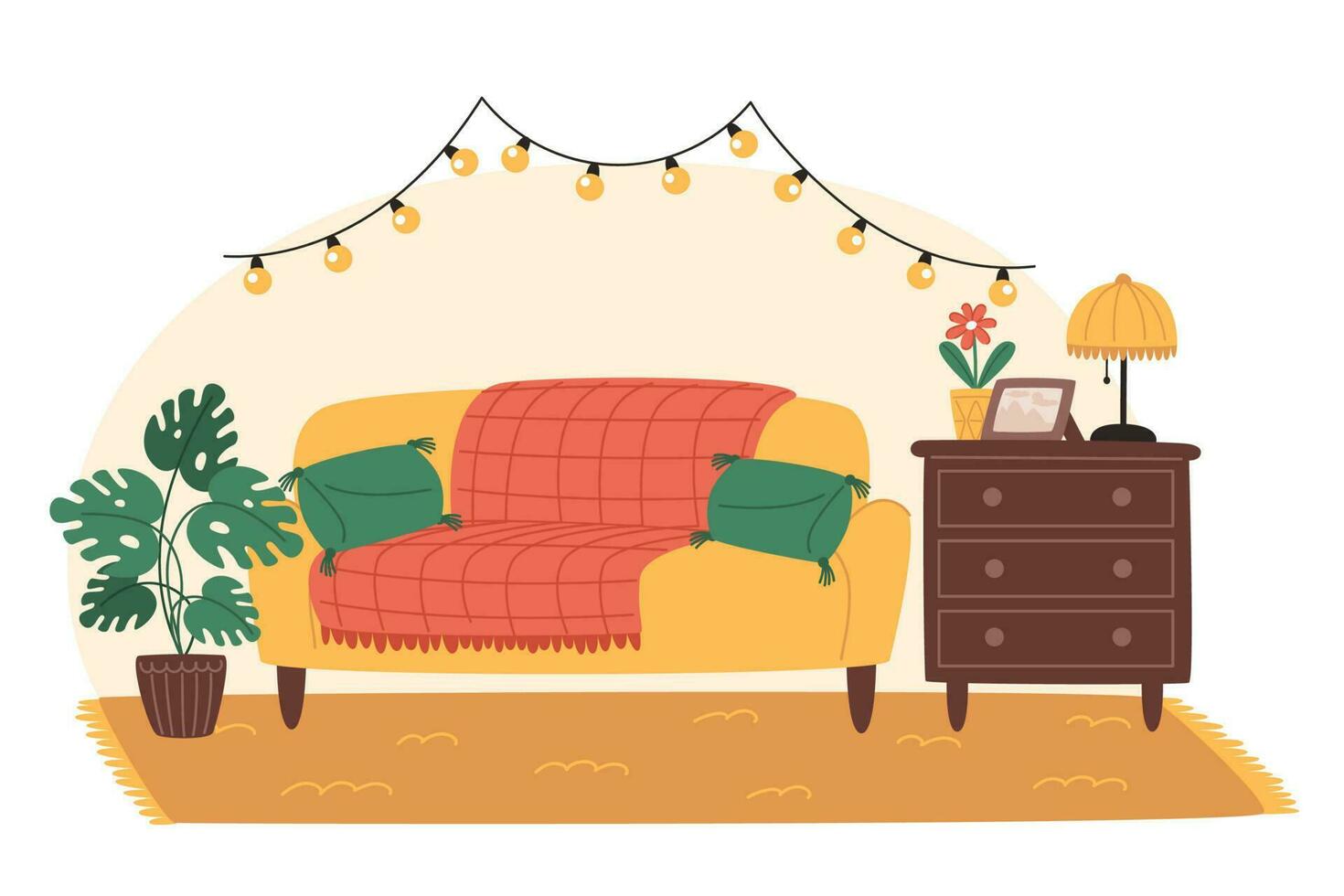 Cozy living room with sofa and potted plants decorated with garland with light bulbs in flat style vector