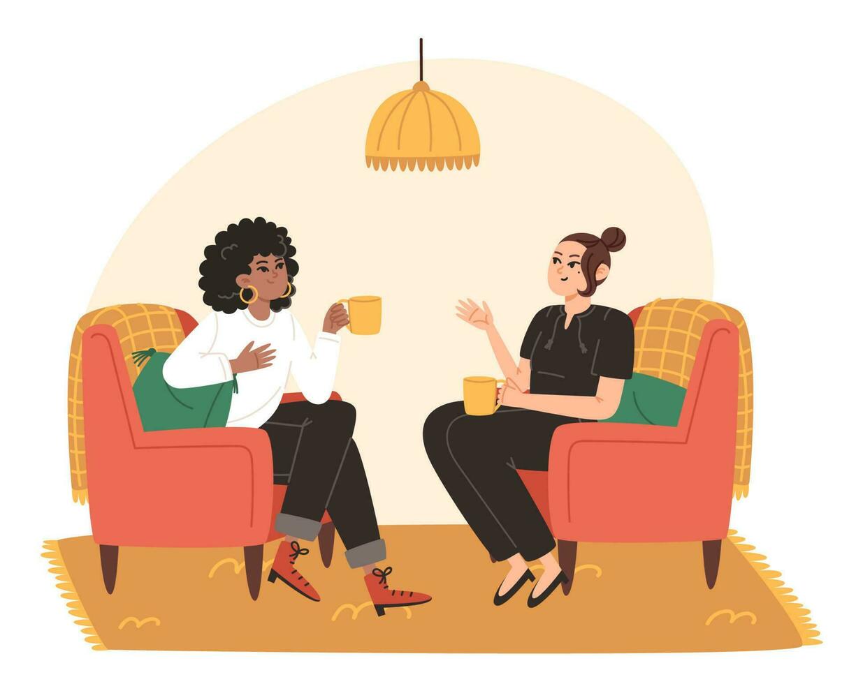 Young women sit in cozy armchairs and have a cheerful conversation vector