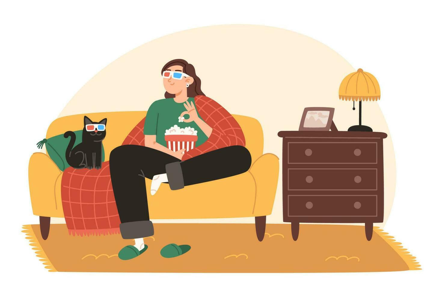 A young woman and her cat are sitting on a cozy sofa and watching a movie vector