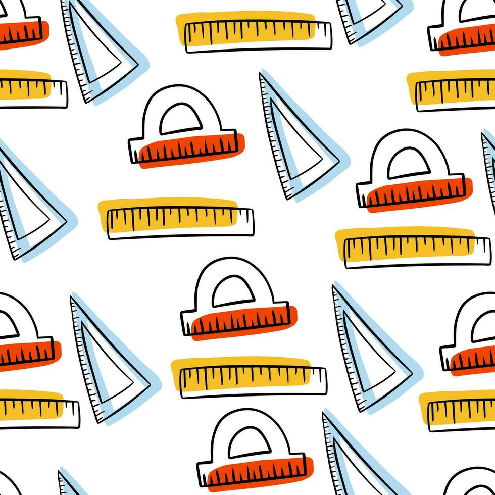 Seamless pattern Doodle set of rulers. A set of a protractor, a triangle and a regular ruler. Measuring device. Geometry and Algebra. back to school vector