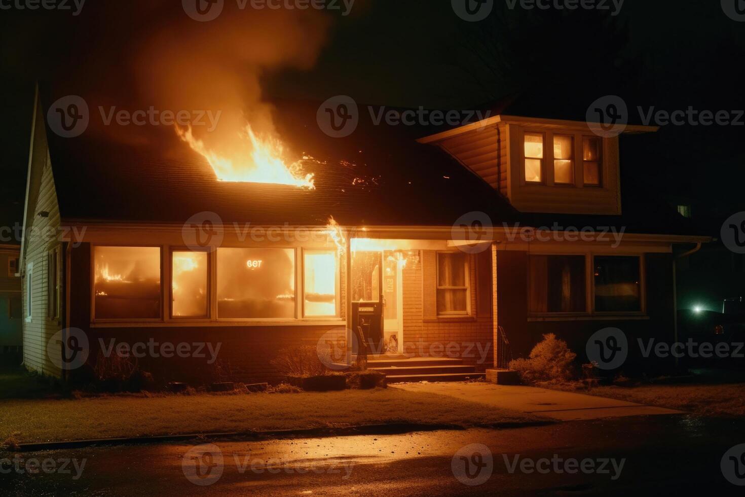 Burning house in the night. Residential house in fire. photo