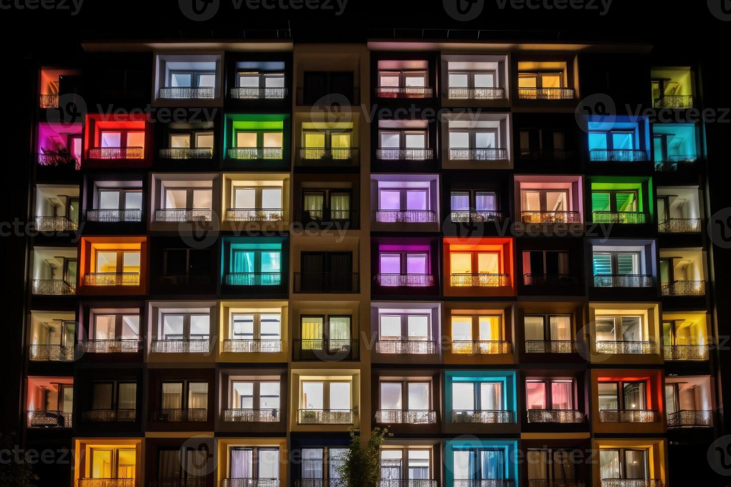 Front view of building facade with colorful windows at night. photo