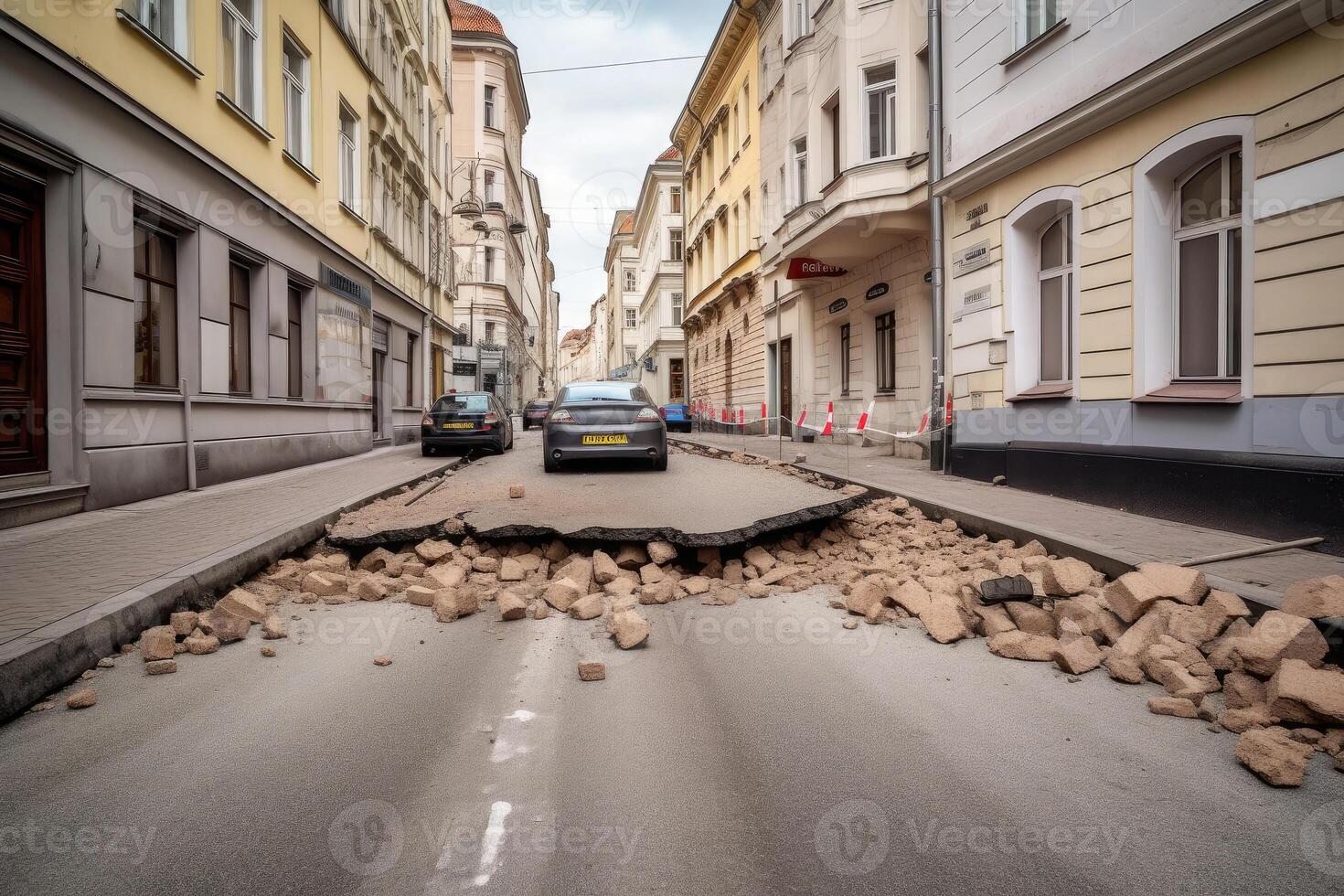 City street with destructed asphalt road after disaster. photo