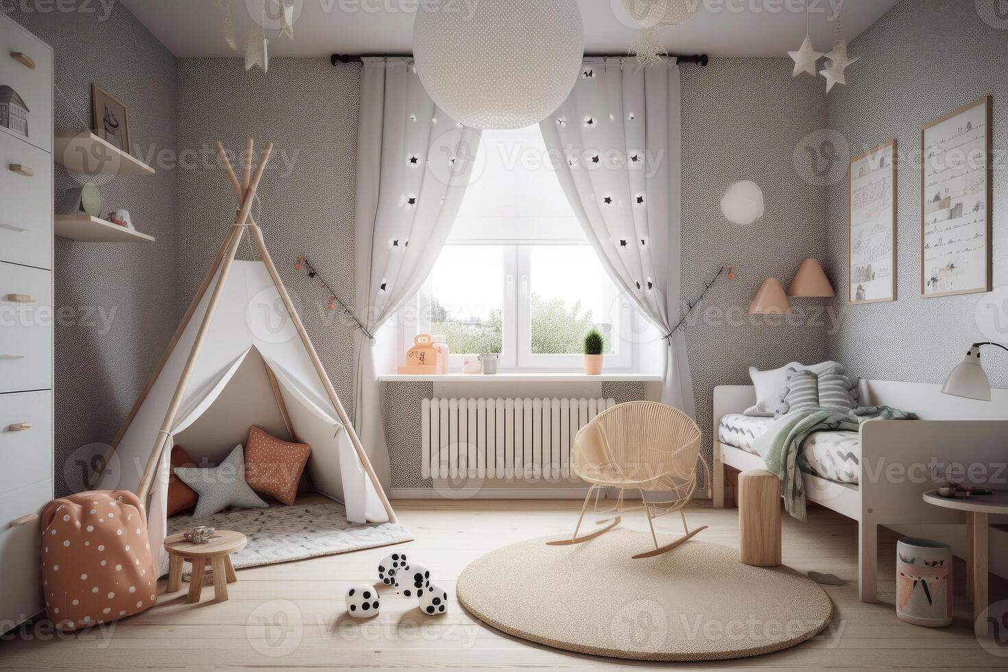Interior of cozy bedroom for children in scandinavian style. photo