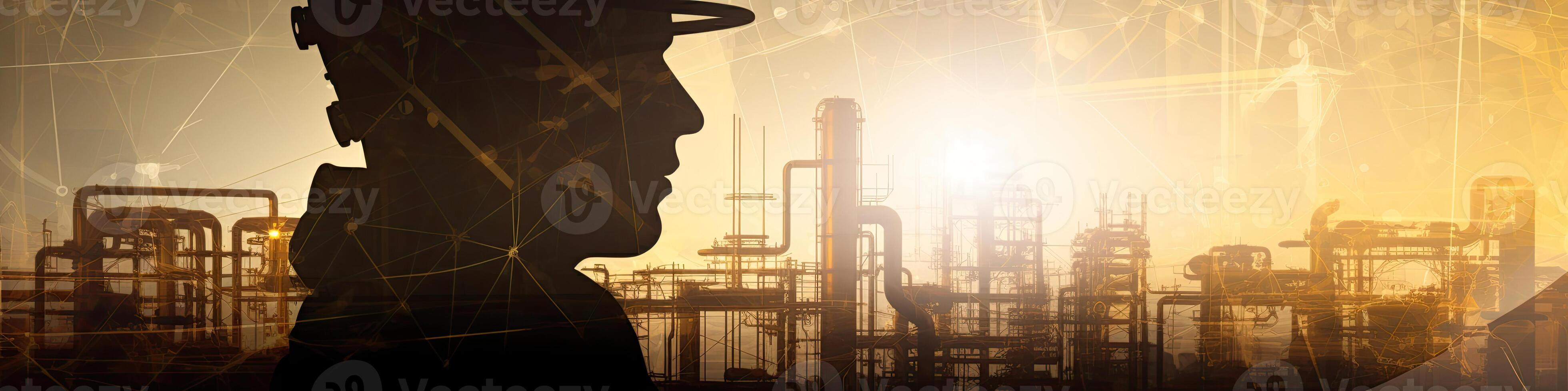 Silhouette of industrial worker with oil refinery plant as background. photo
