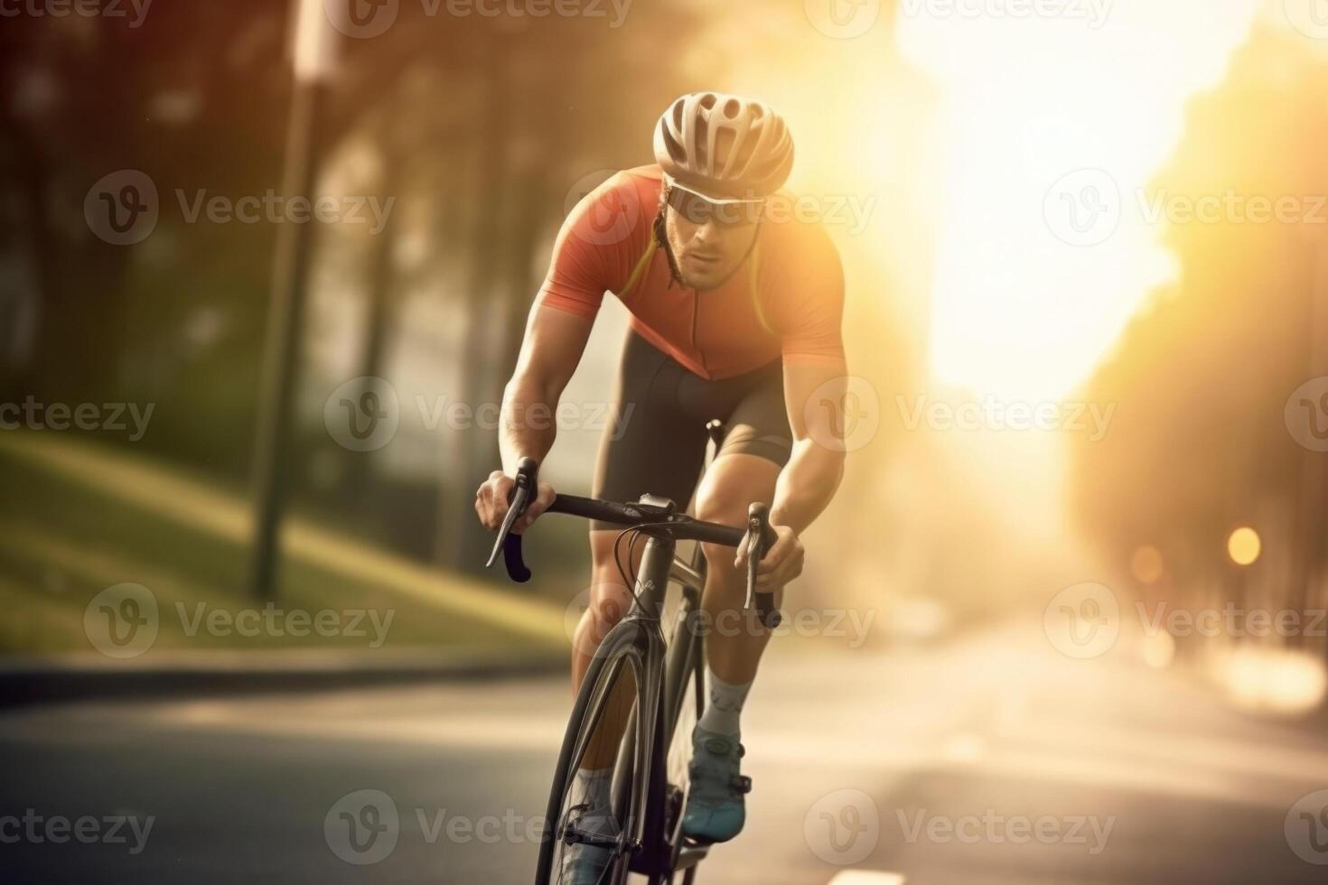 Professional cyclist in protective helmet trains on road. photo