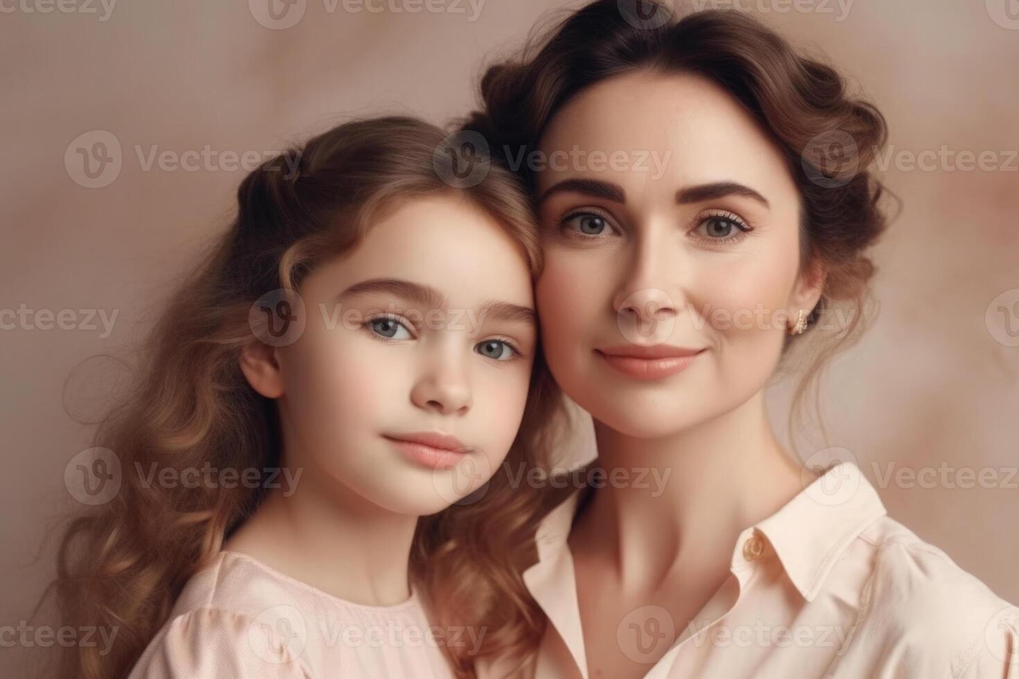 Mother and daughter portrait on pink background. photo