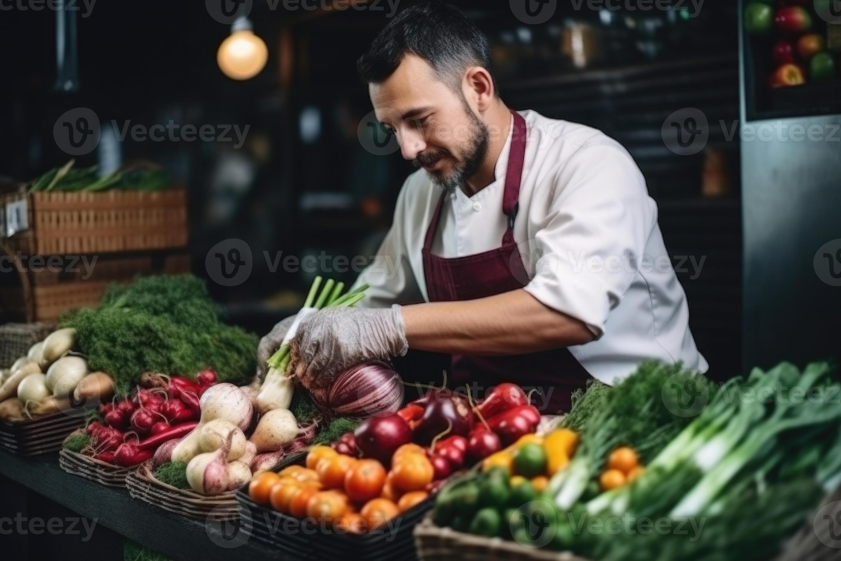 Chef choosing fresh vegetables at food market. Generative AI 23602276 ...