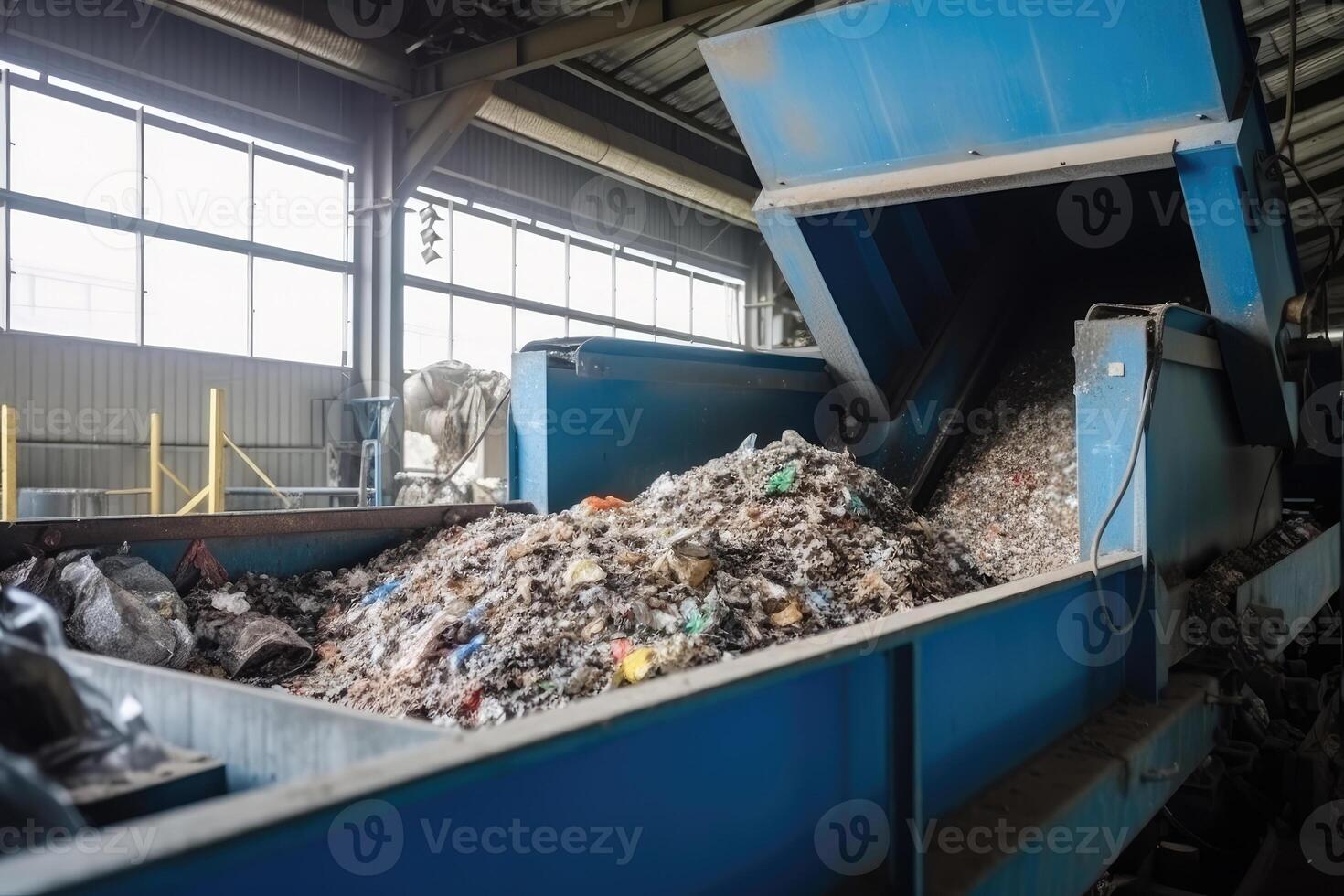 Conveyor belt with pile of waste at recycling plant. photo