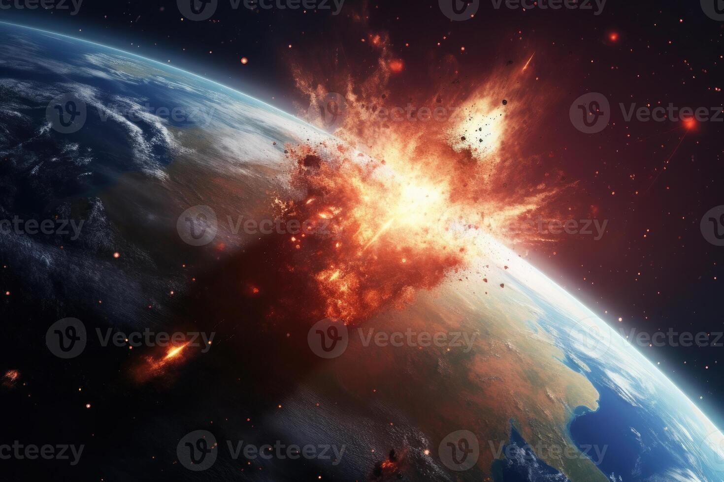 Asteroid falls on planet, view from space. Meteorite burning in atmosphere. photo