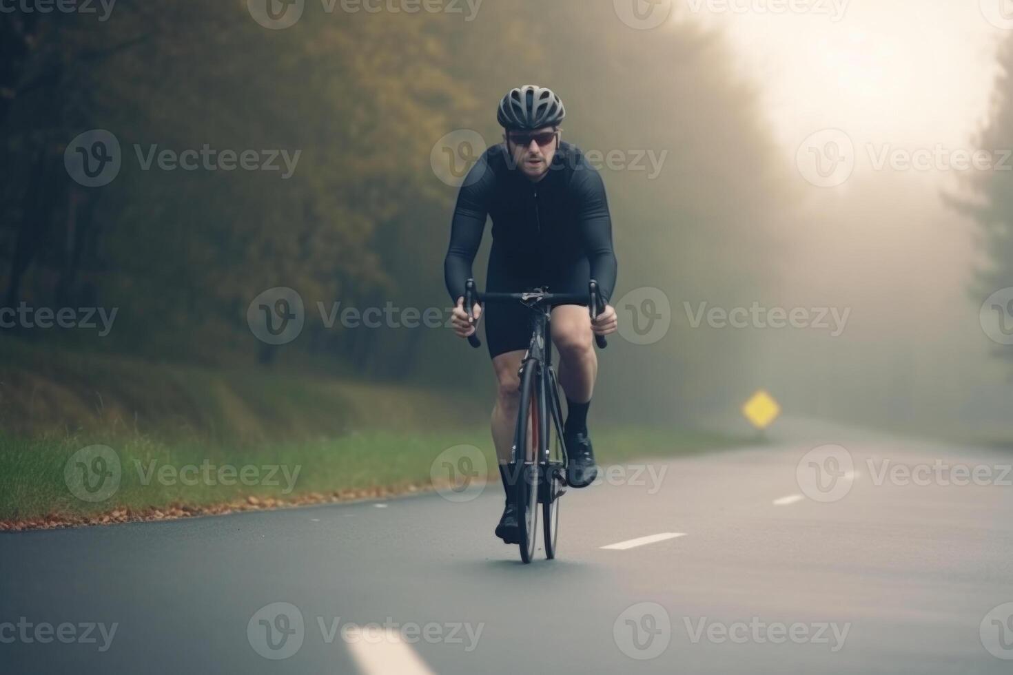 profesional ciclista en protector casco trenes en la carretera. generativo ai foto