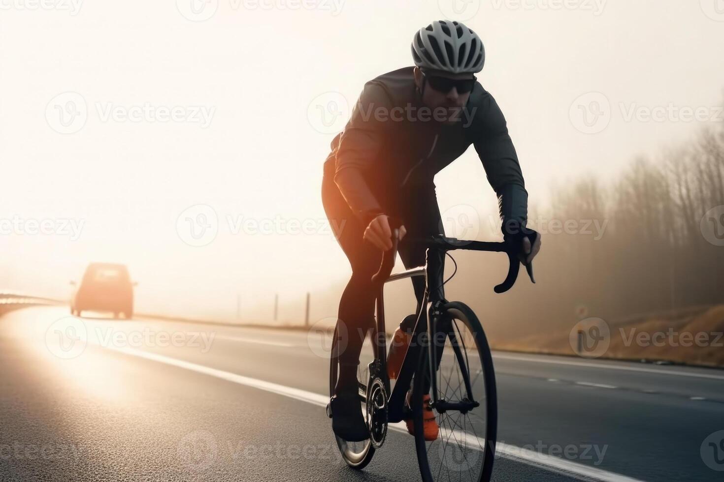 Professional cyclist in protective helmet trains on road. photo