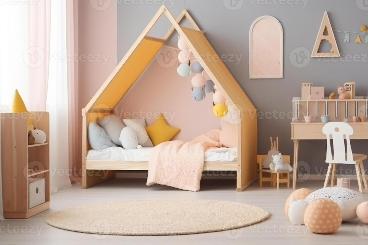 Interior of cozy bedroom for children in scandinavian style. photo