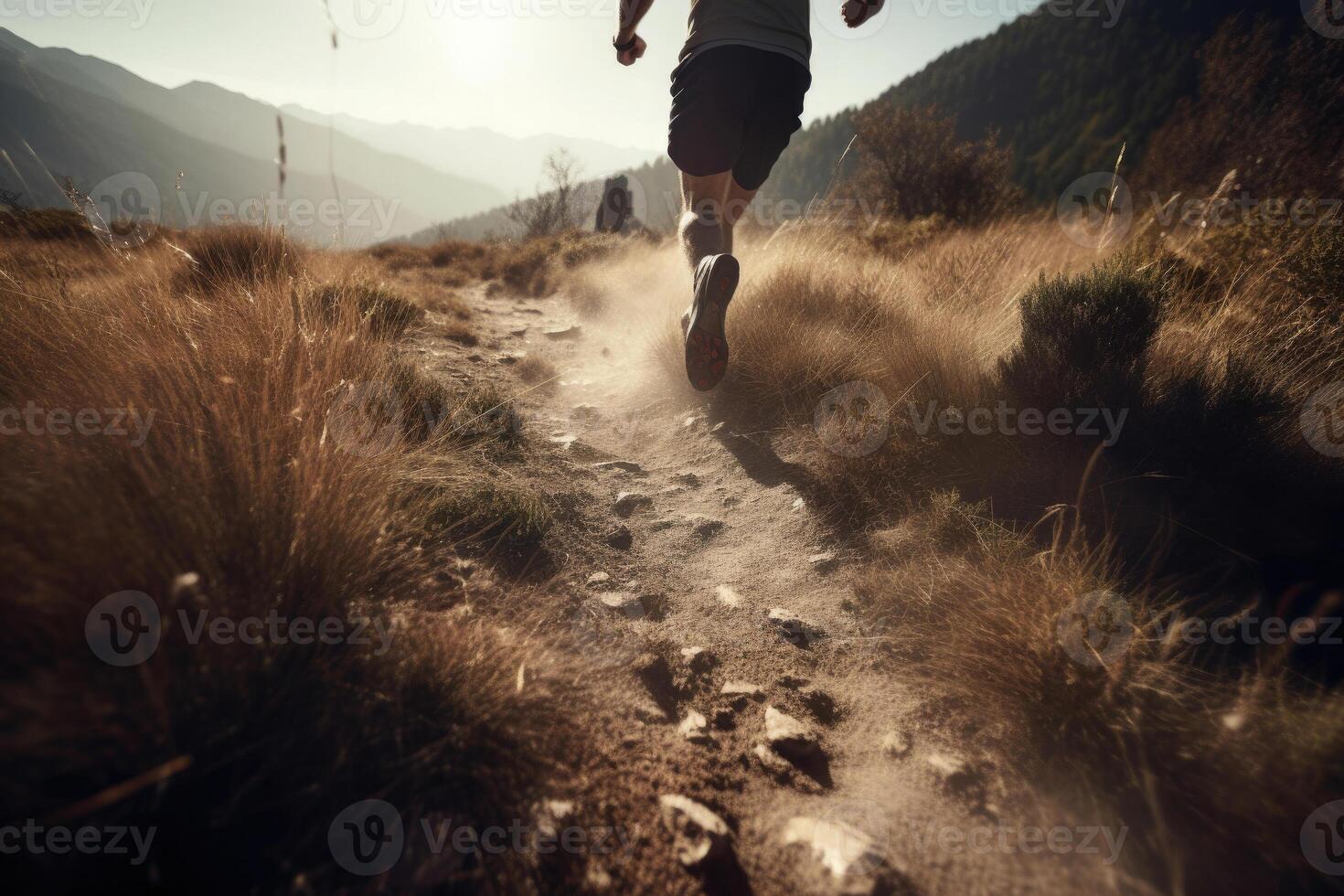 Trail running in mountain landscape. photo
