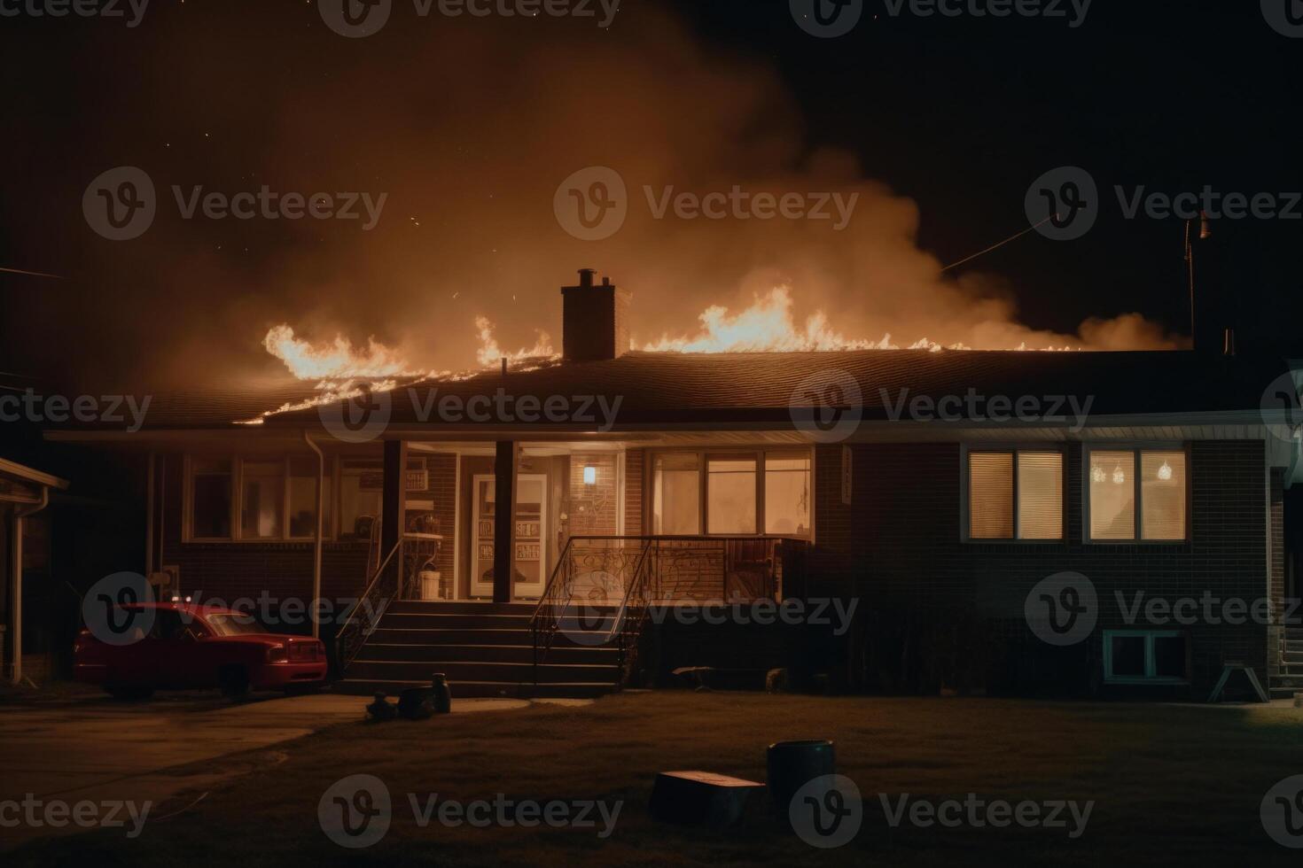 Burning house in the night. Residential house in fire. photo