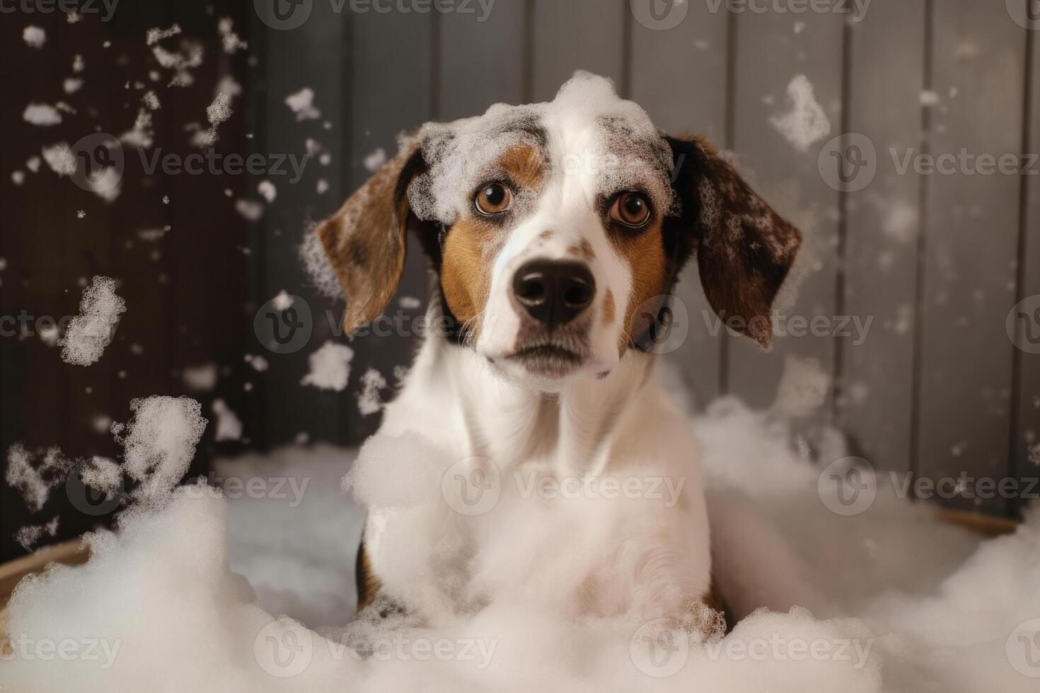 Washing pet. Cute dog in bath with shampoo foam. photo