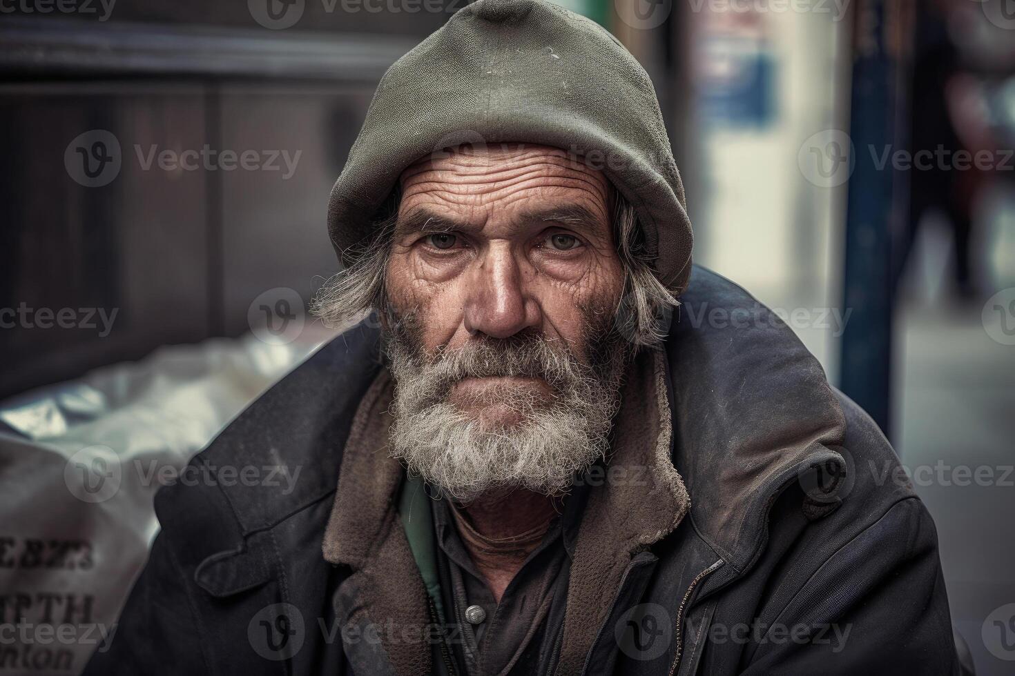 Homeless man portrait. Aged bearded man. photo