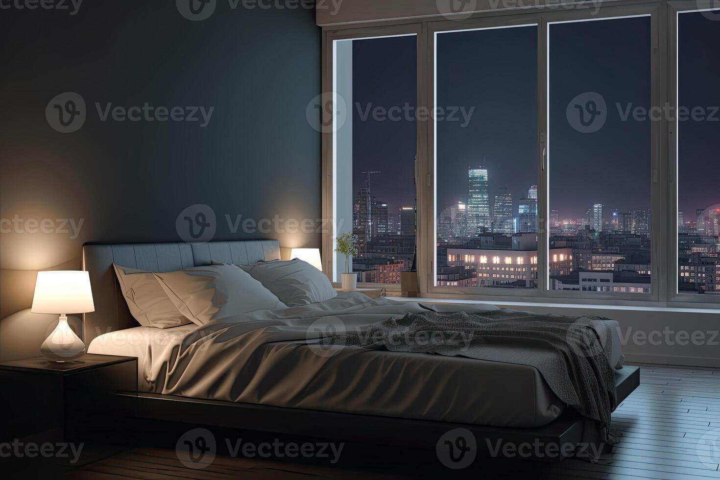 Large bed in living room with night city view in window. photo