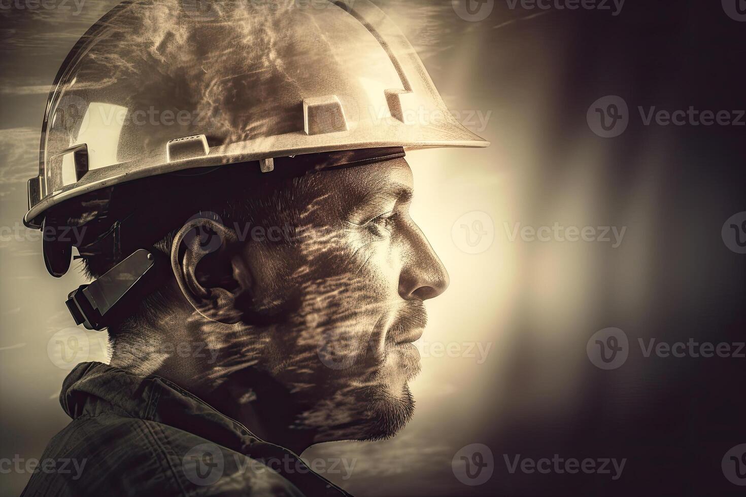 Industrial worker portrait with double exposure effect. photo