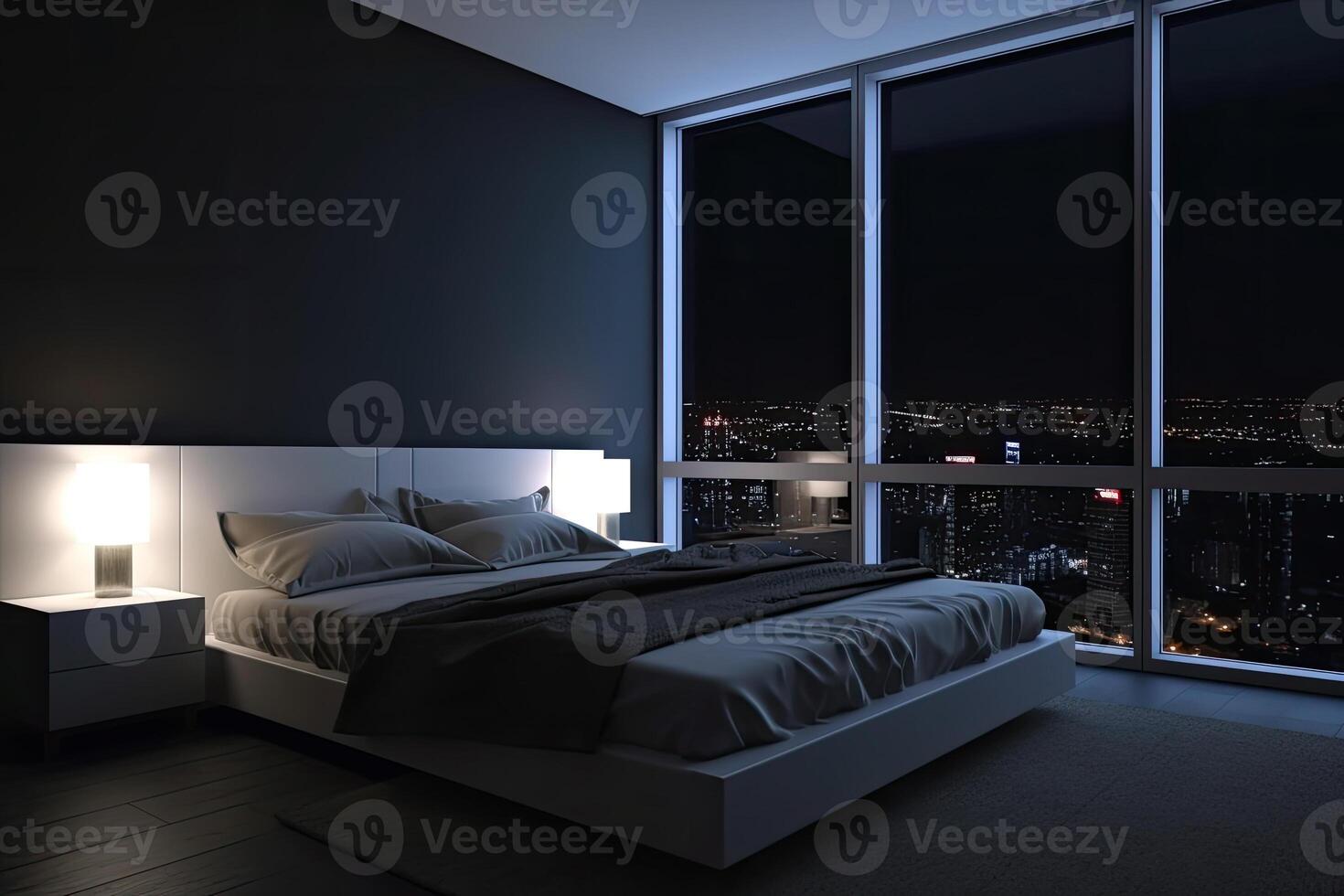 Large bed in living room with night city view in window. photo