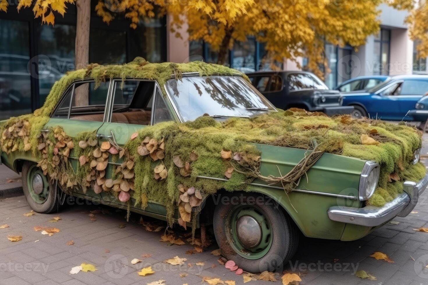 Car made of natural green plants. Eco friendly transportation. photo