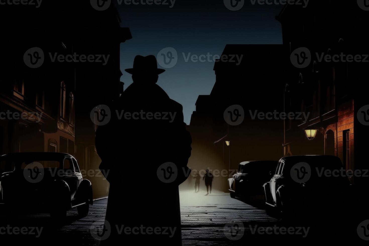 Silhouette of man in old fashioned hat and coat at night street. photo