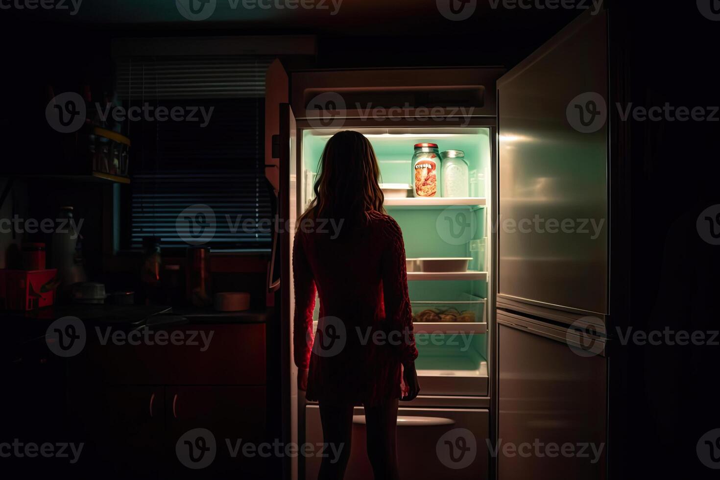 Hungry woman looking for food in fridge at night. photo