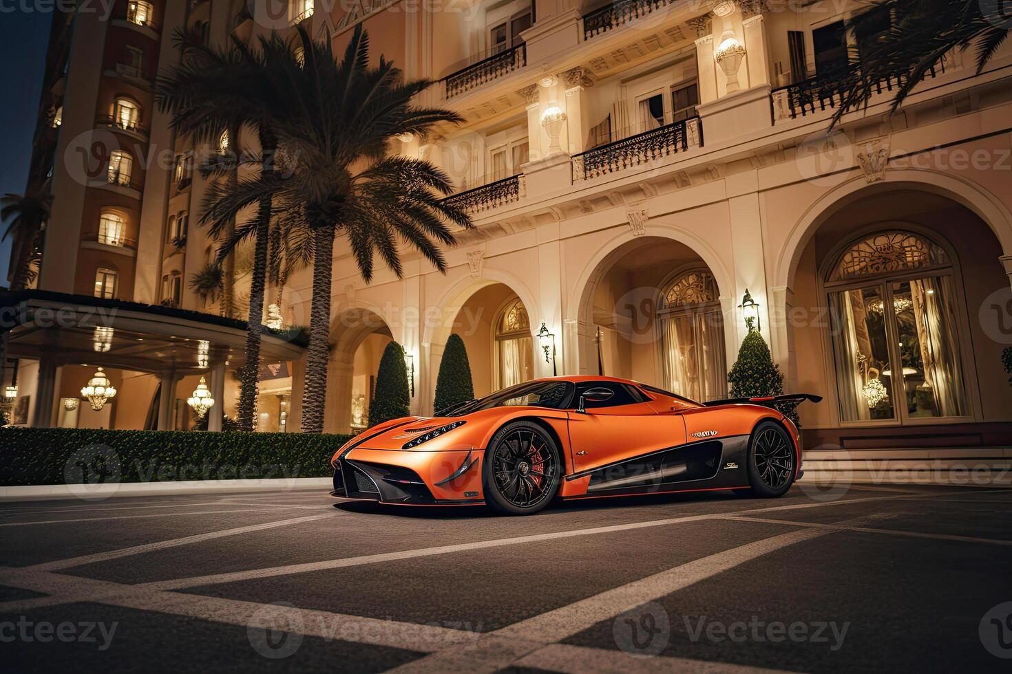 Modern sportcar parking near luxury hotel. photo