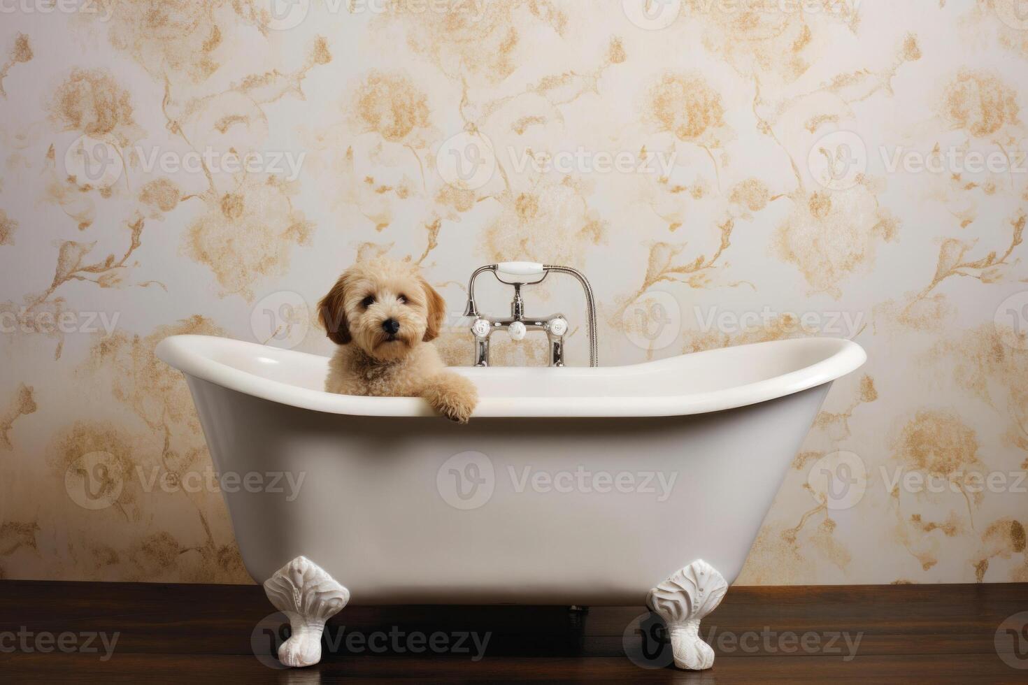 Washing pet. Cute dog in bath with shampoo foam. photo