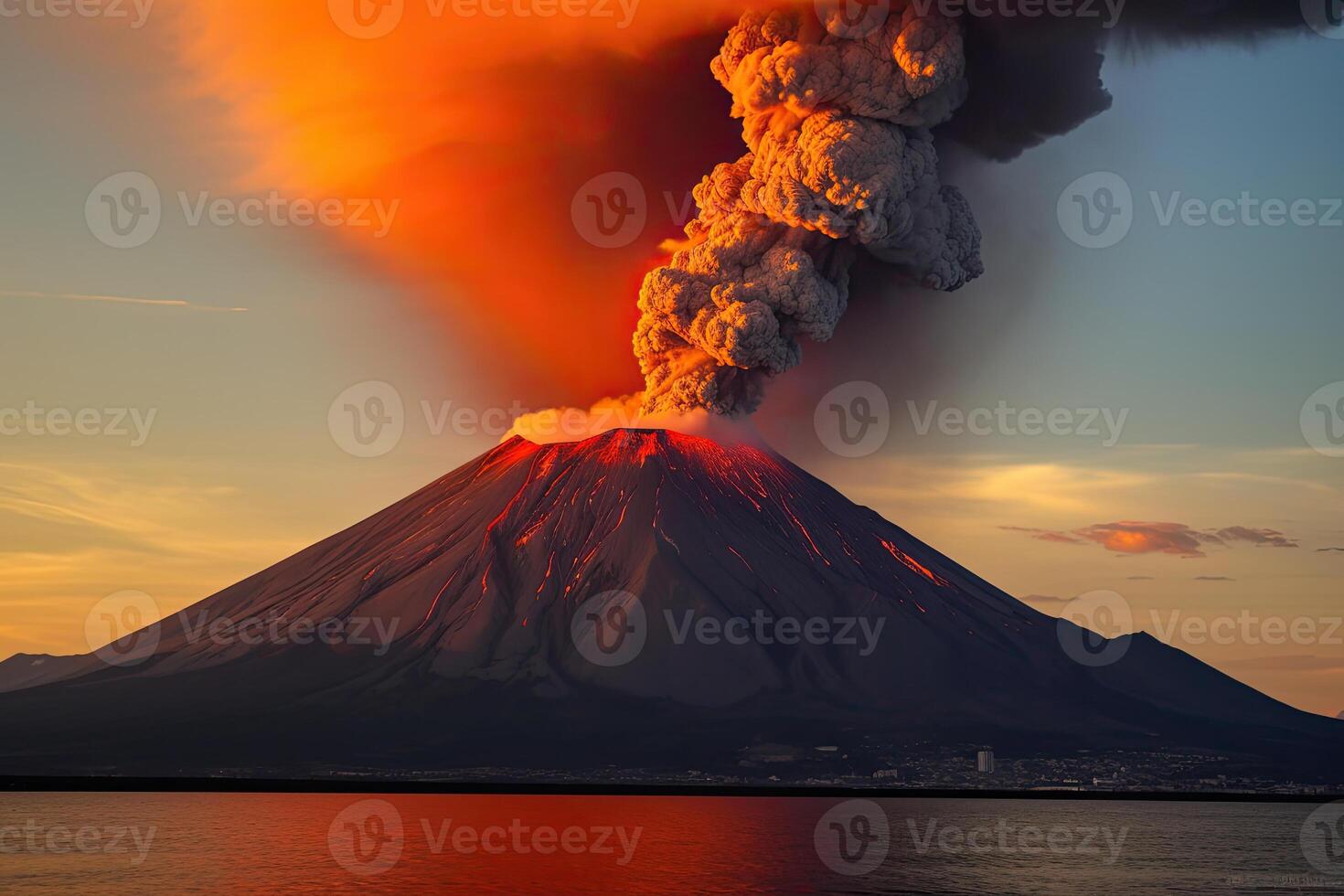 volcán erupción. lava fluye fuera de el volcán cráter. generativo ai foto