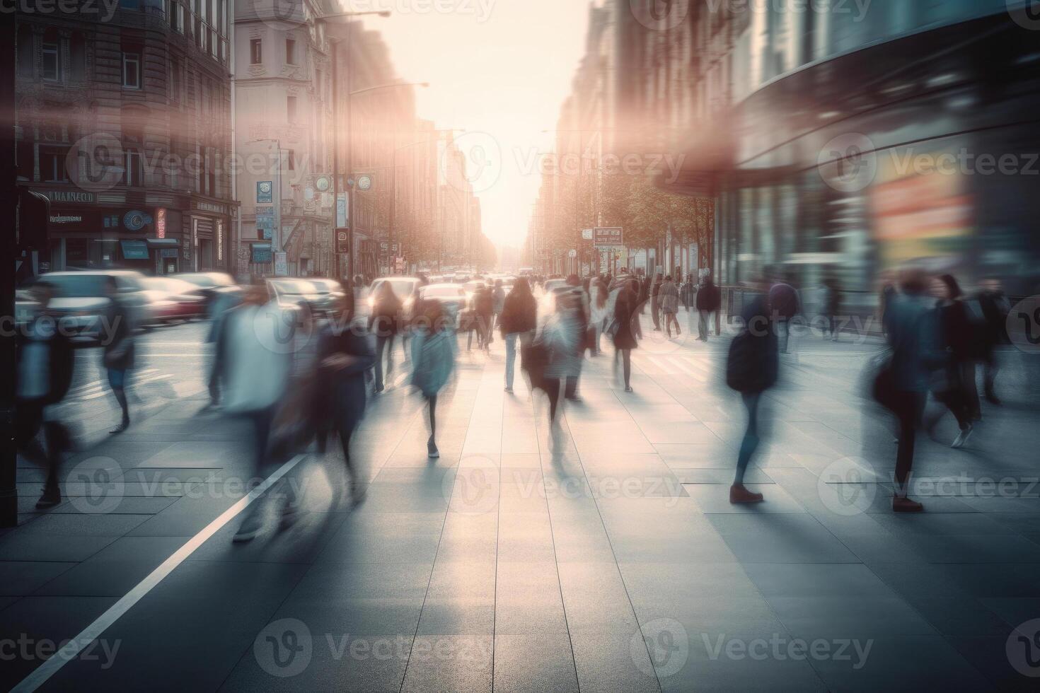 People walking at city street, motion blur effect. photo