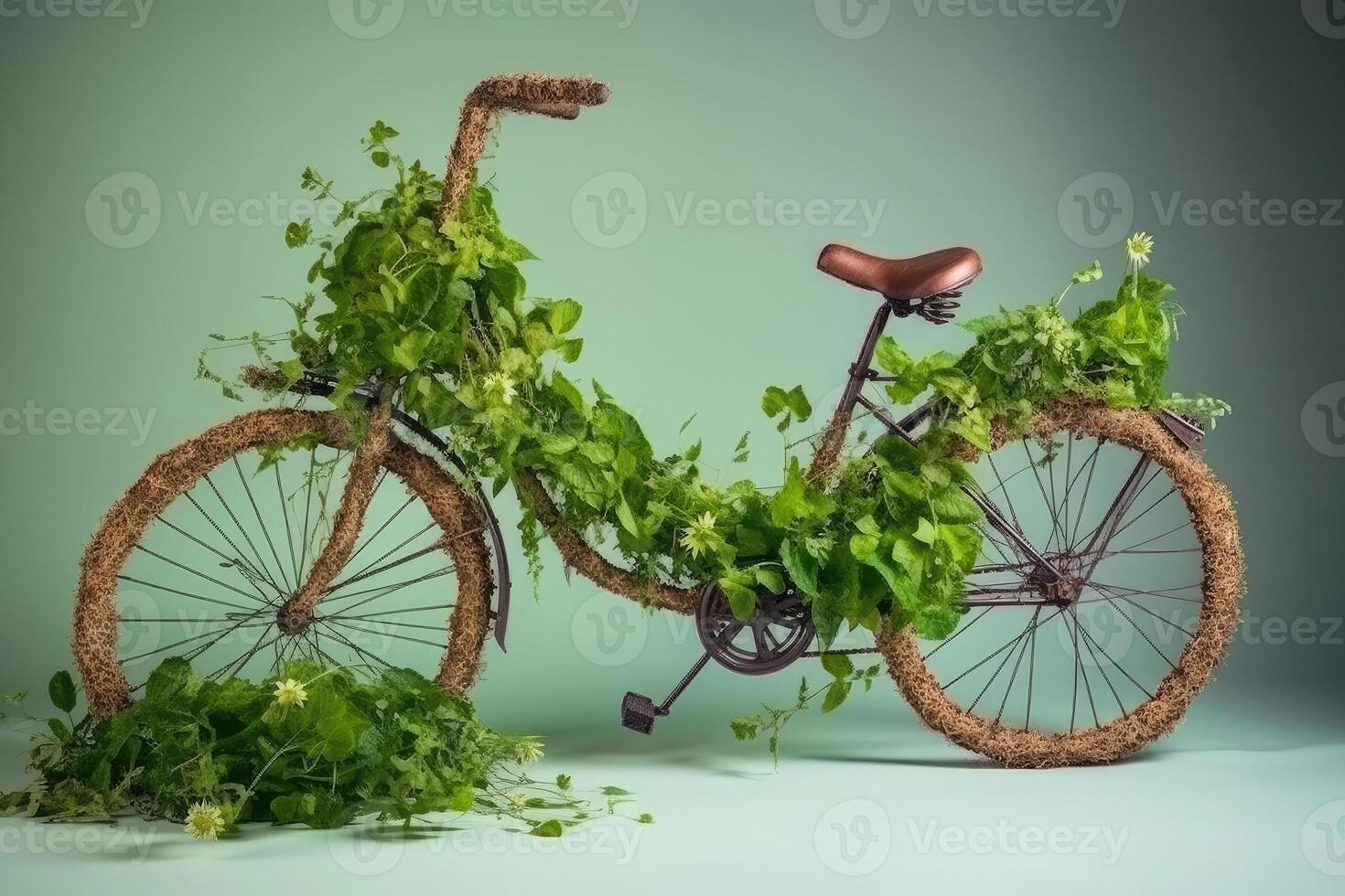 Bicycle made of natural green plants. Eco friendly transportation. photo