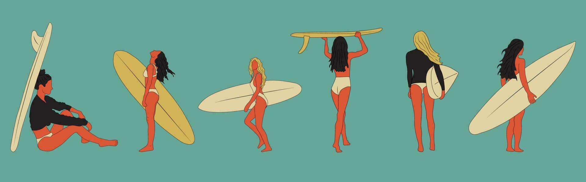 conjunto de navegar muchachas minimalista vector ilustración. plano estilo digital Arte. joven mujer con tabla de surf en lleno crecimiento