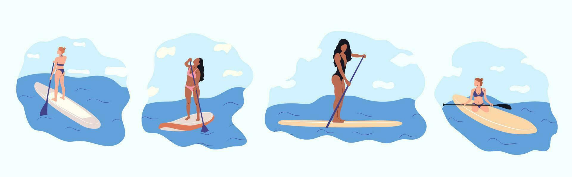 Set of four illustration Water sports. Young woman standing on sup board isolated. Surfers and others during windsurfing, kiteboarding. Flat graphic vector illustrations