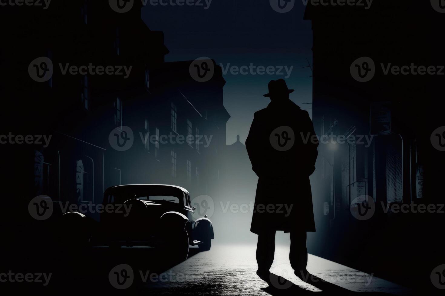 Silhouette of man in old fashioned hat and coat at night street. photo