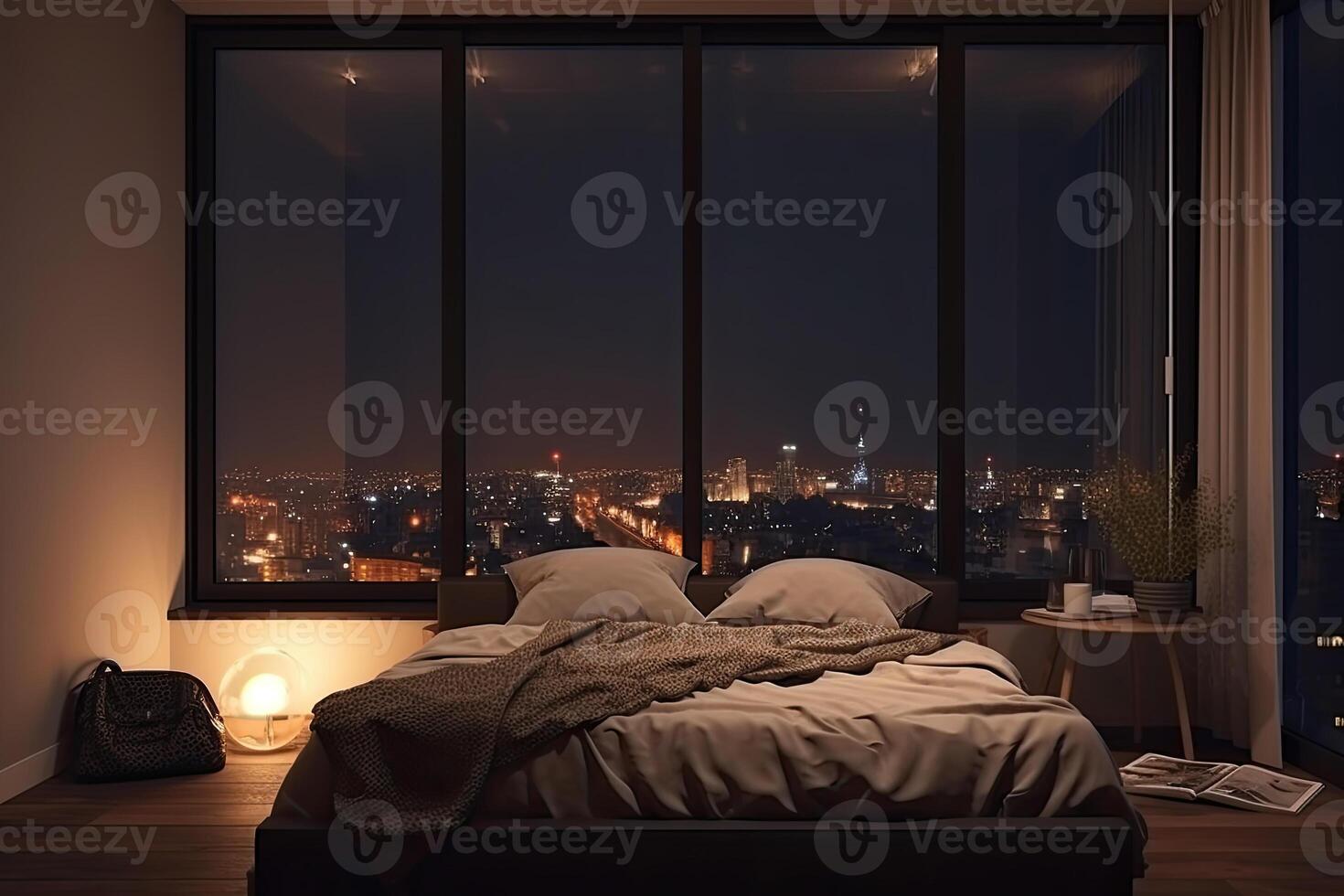Large bed in living room with night city view in window. photo