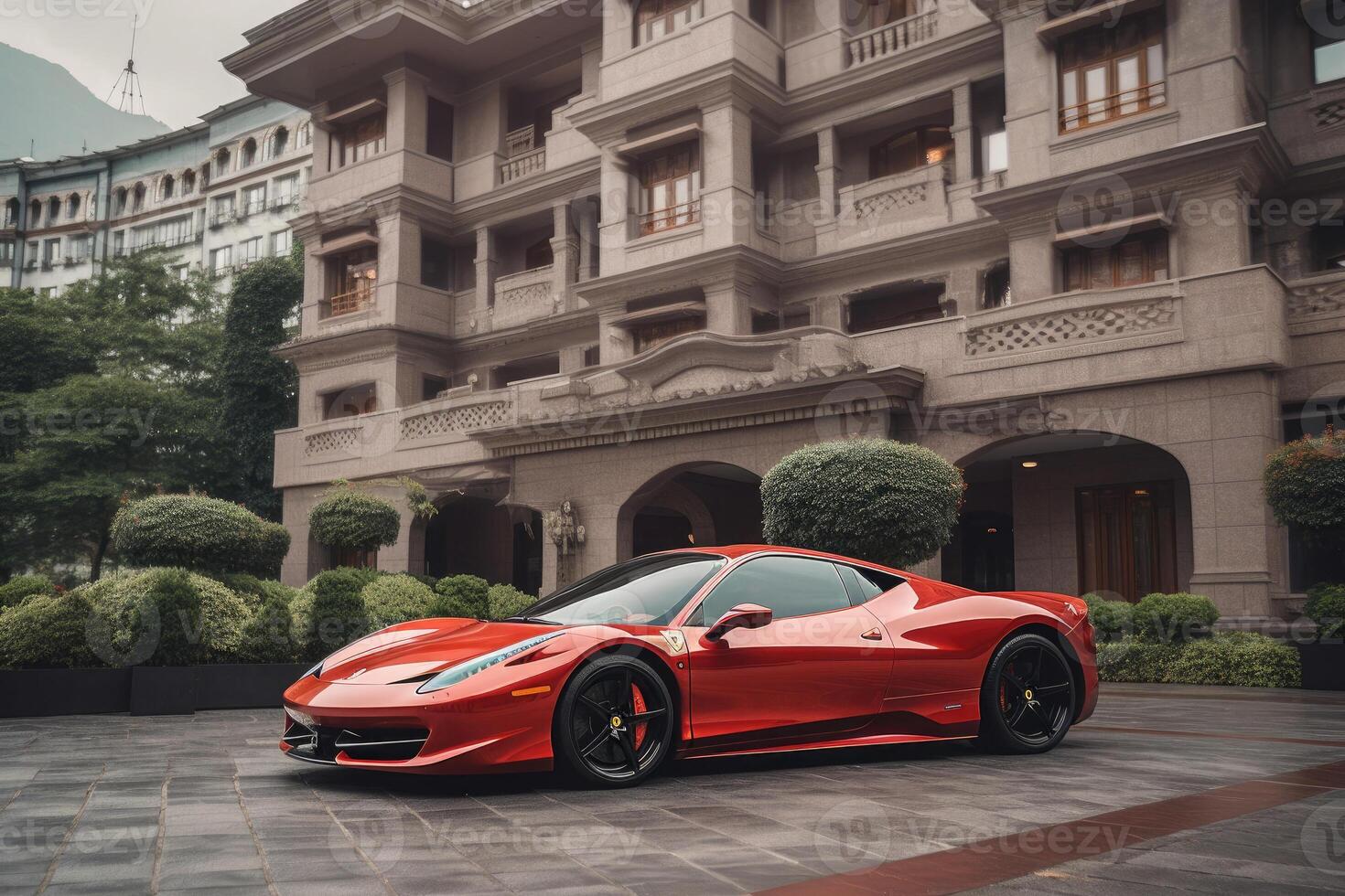 Modern sportcar parking near luxury hotel. photo