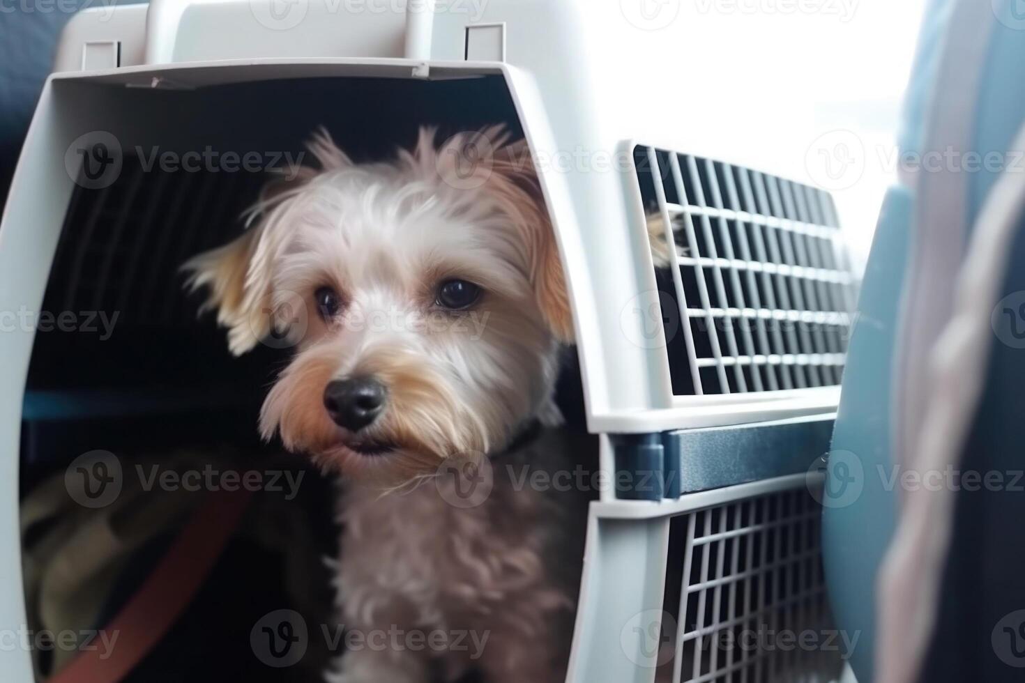 Dog in carrier cage. Travelling with pet. photo