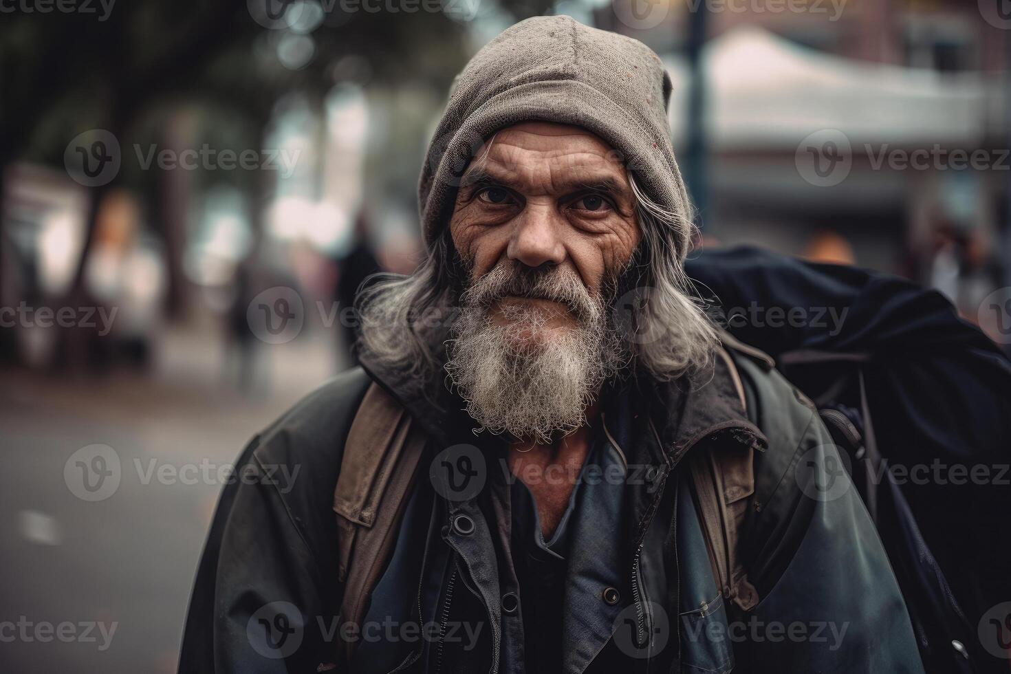 Homeless man portrait. Aged bearded man. photo