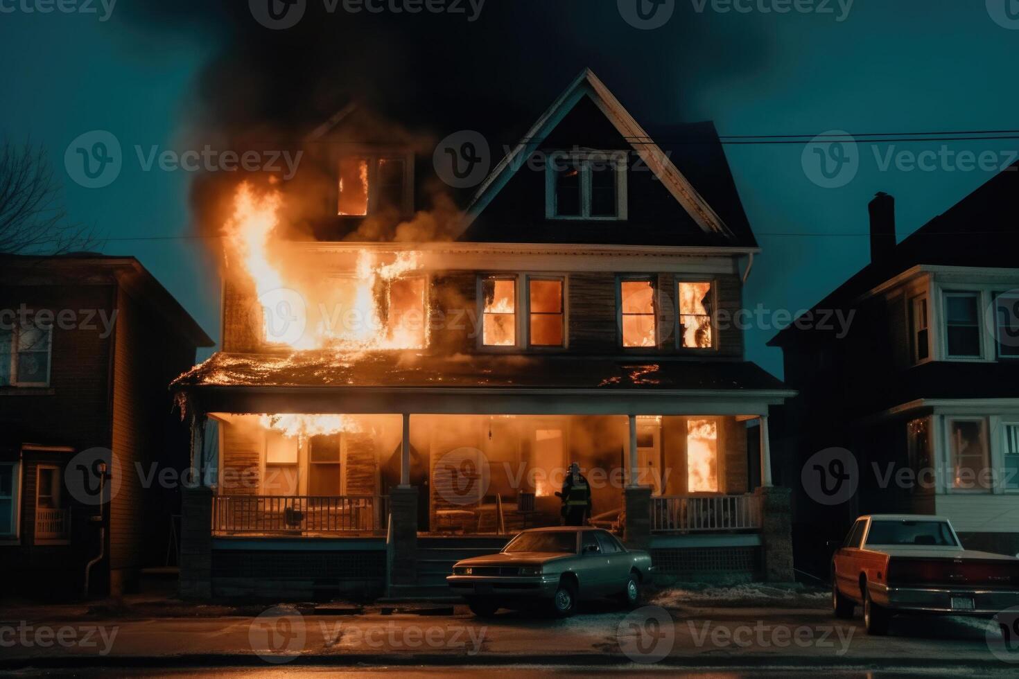 Burning house in the night. Residential house in fire. photo