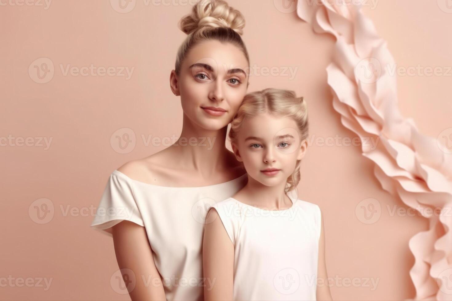 madre y hija retrato en rosado antecedentes. generativo ai foto