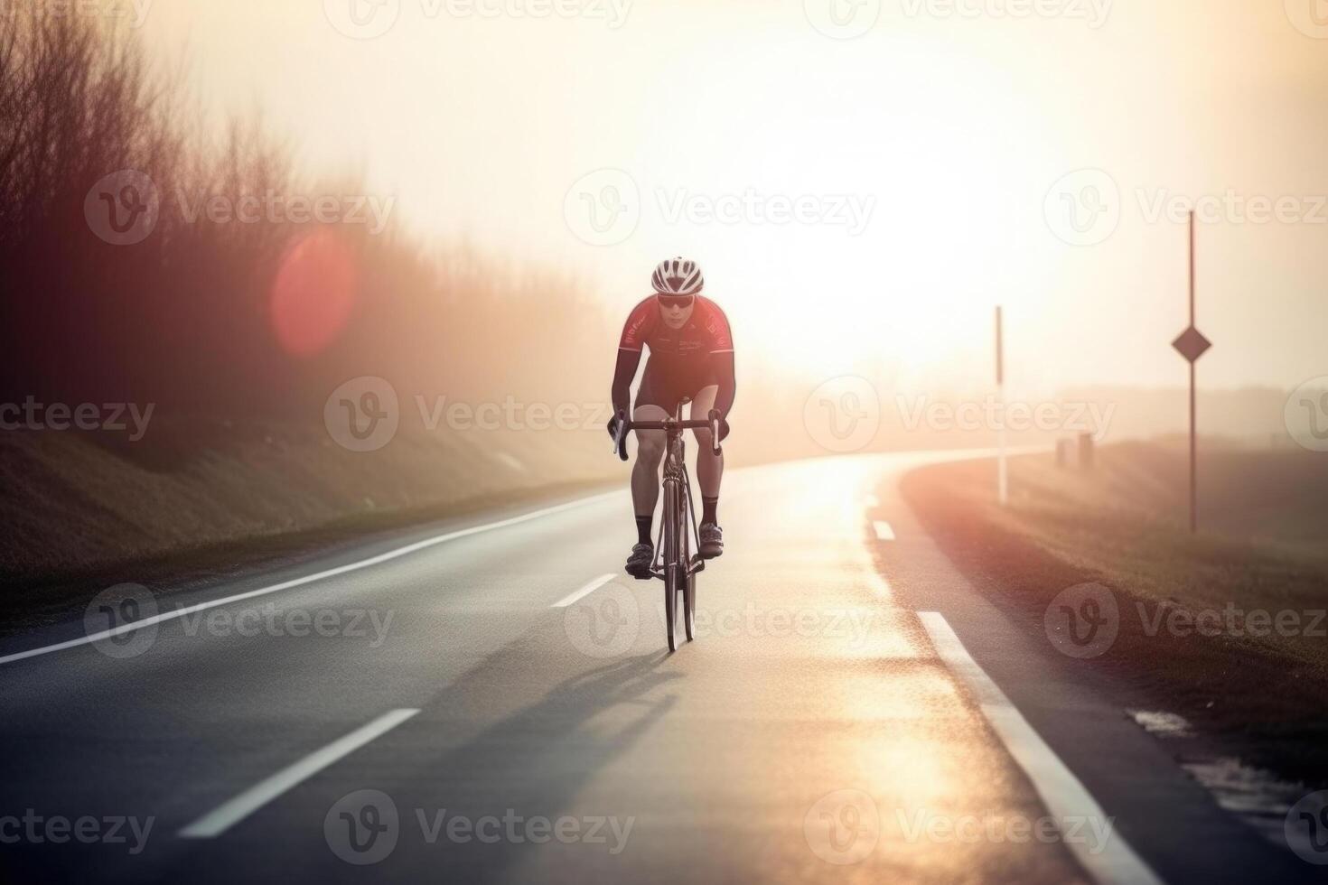 Professional cyclist in protective helmet trains on road. photo