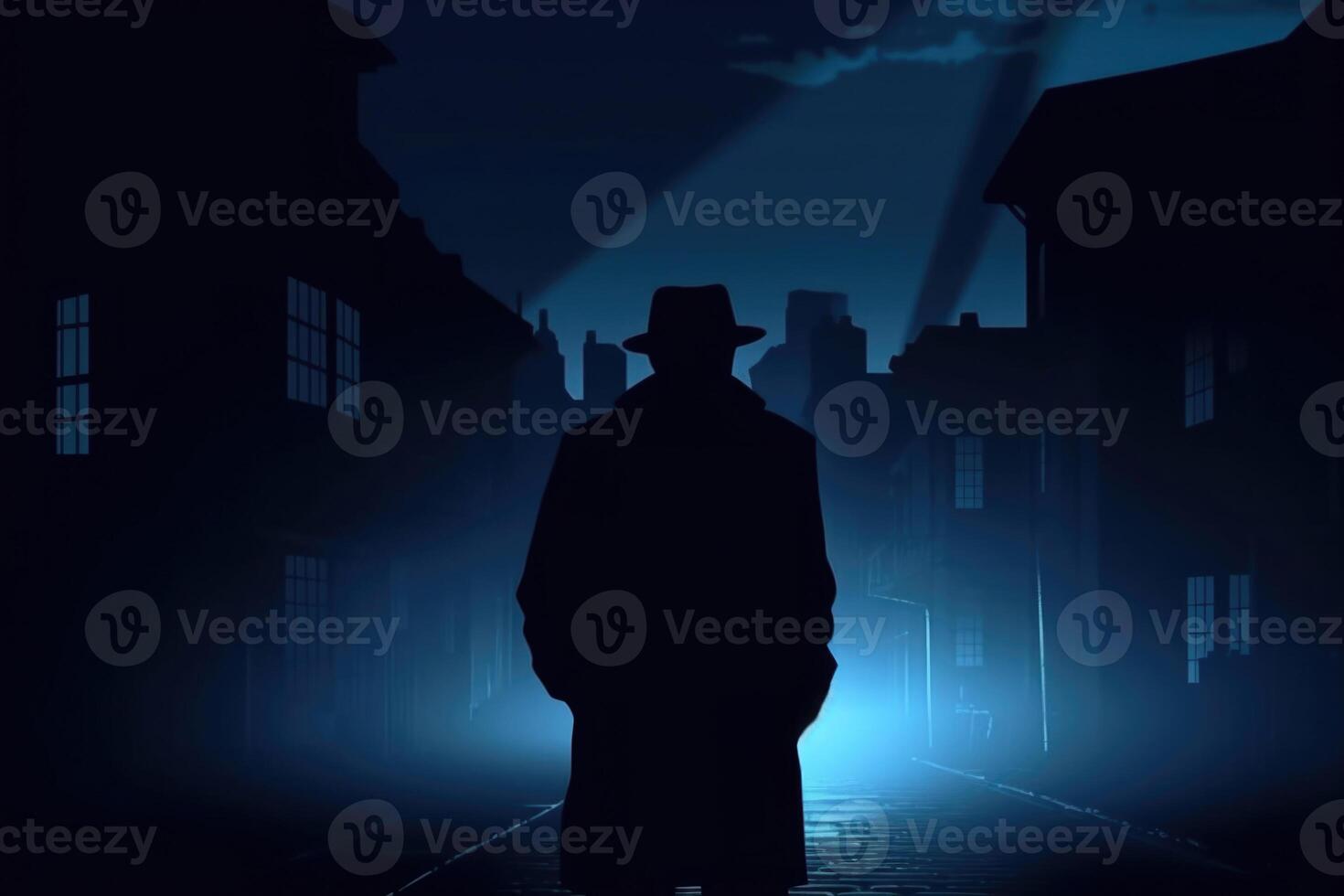 Silhouette of man in old fashioned hat and coat at night street. photo